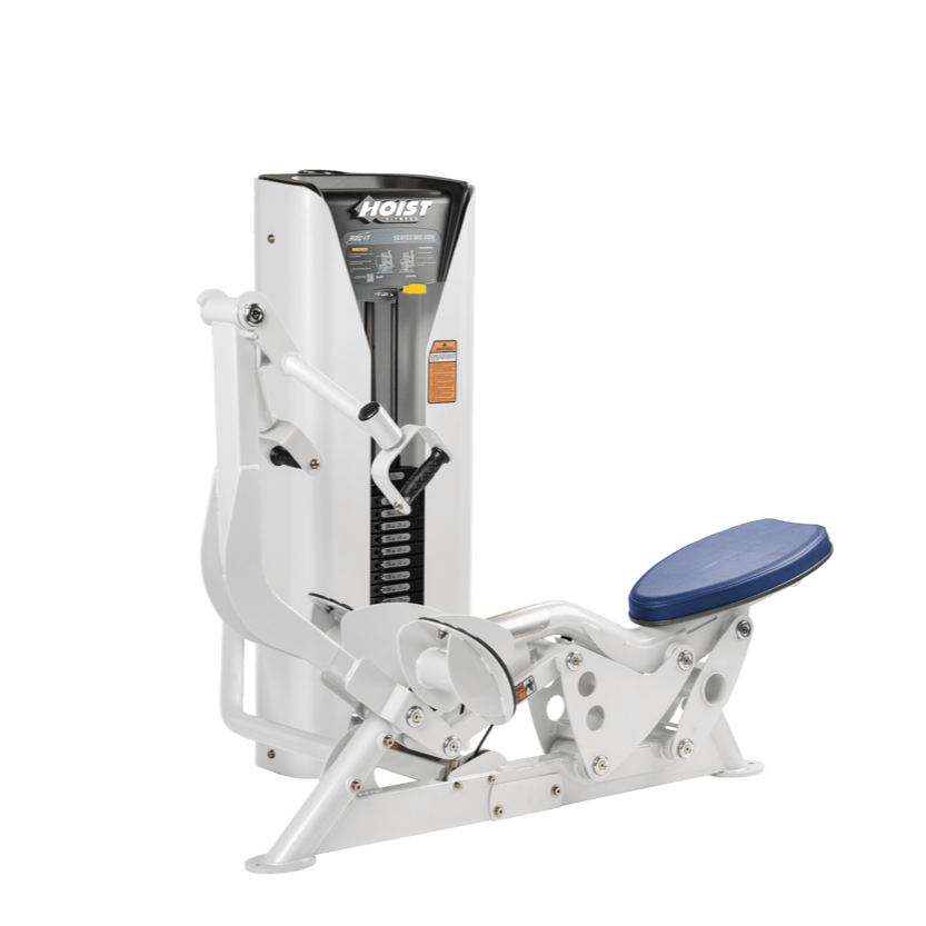 Hoist seated mid row machine with chest pad, adjustable seat, and plate-loaded resistance for back strength training