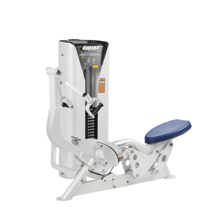 Hoist seated mid row machine with chest pad, adjustable seat, and plate-loaded resistance for back strength training