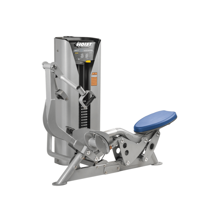 Hoist seated mid row machine with chest pad, adjustable seat, and plate-loaded resistance for back strength training