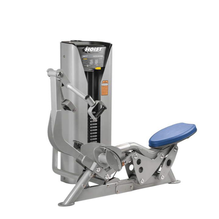 Hoist seated mid row machine with chest pad, adjustable seat, and plate-loaded resistance for back strength training