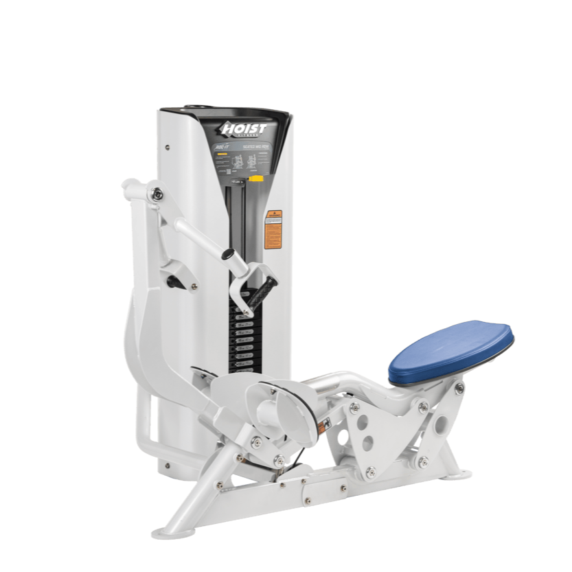 Hoist seated mid row machine with chest pad, adjustable seat, and plate-loaded resistance for back strength training