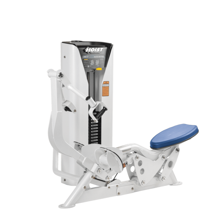 Hoist seated mid row machine with chest pad, adjustable seat, and plate-loaded resistance for back strength training