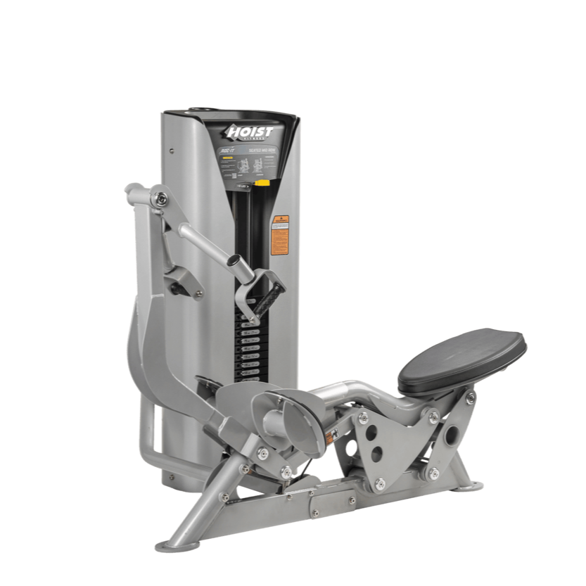 Hoist seated mid row machine with chest pad, adjustable seat, and plate-loaded resistance for back strength training