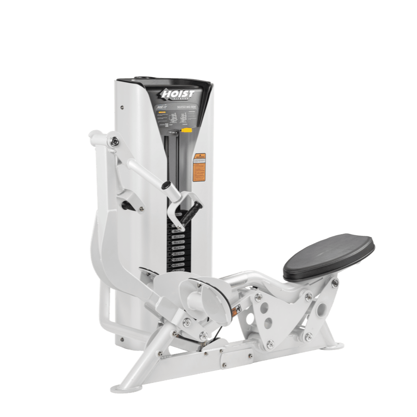Hoist seated mid row machine with chest pad, adjustable seat, and plate-loaded resistance for back strength training