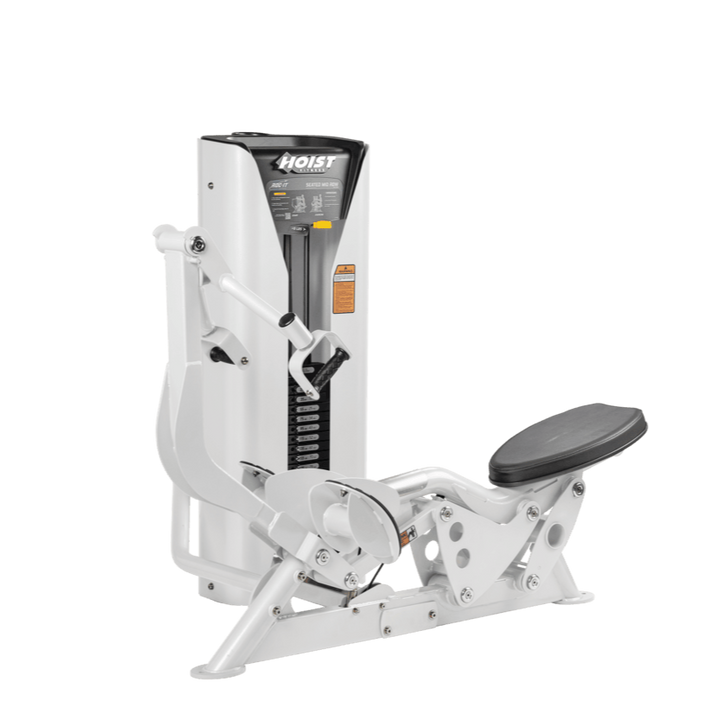 Hoist seated mid row machine with chest pad, adjustable seat, and plate-loaded resistance for back strength training