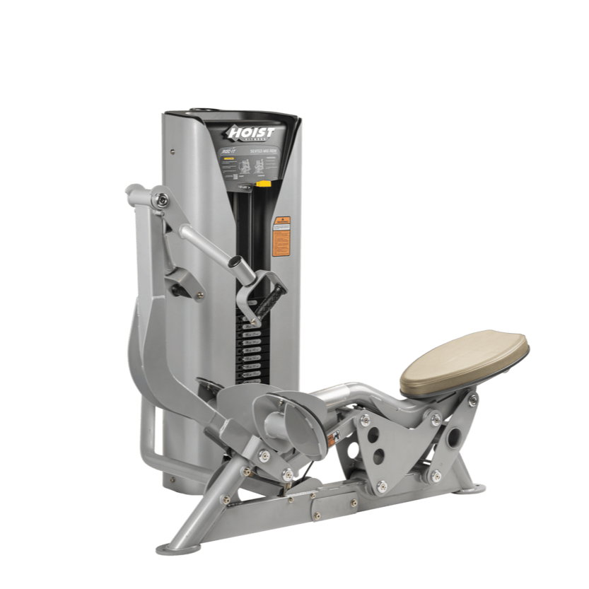 Hoist seated mid row machine with chest pad, adjustable seat, and plate-loaded resistance for back strength training