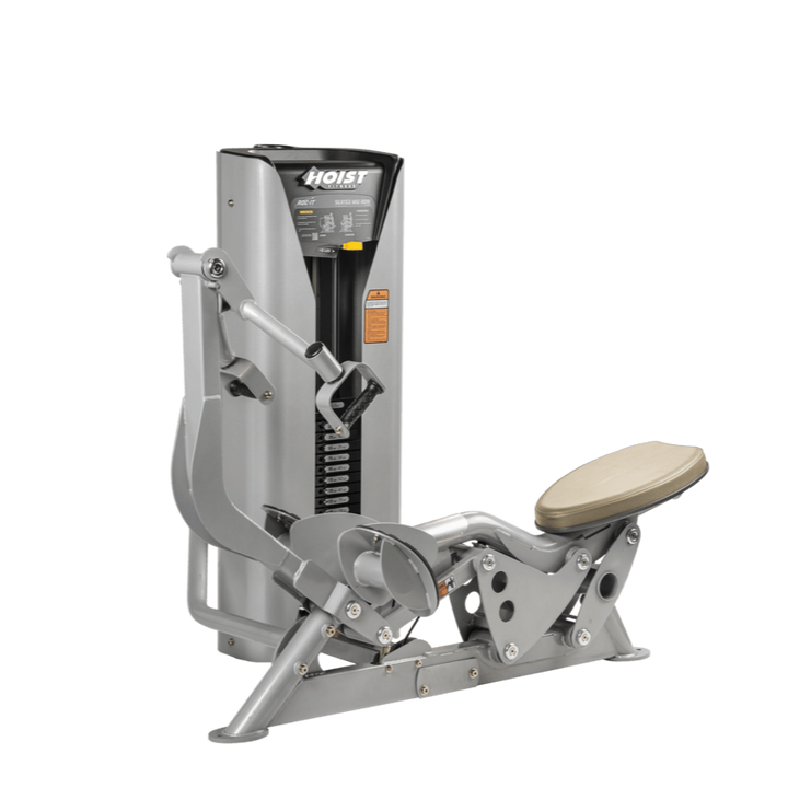 Hoist seated mid row machine with chest pad, adjustable seat, and plate-loaded resistance for back strength training