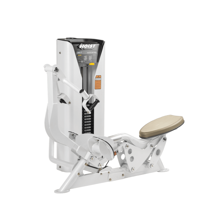 Hoist seated mid row machine with chest pad, adjustable seat, and plate-loaded resistance for back strength training