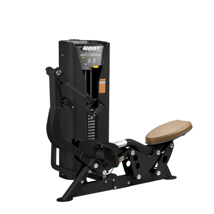 Hoist seated mid row machine with chest pad, adjustable seat, and plate-loaded resistance for back strength training