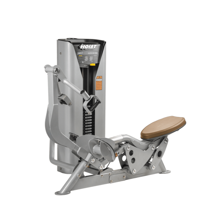Hoist seated mid row machine with chest pad, adjustable seat, and plate-loaded resistance for back strength training