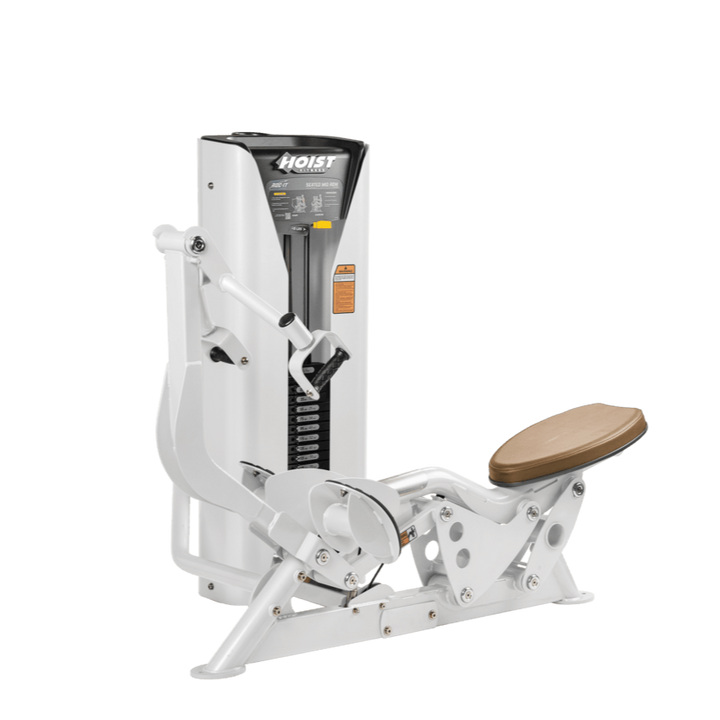 Hoist seated mid row machine with chest pad, adjustable seat, and plate-loaded resistance for back strength training