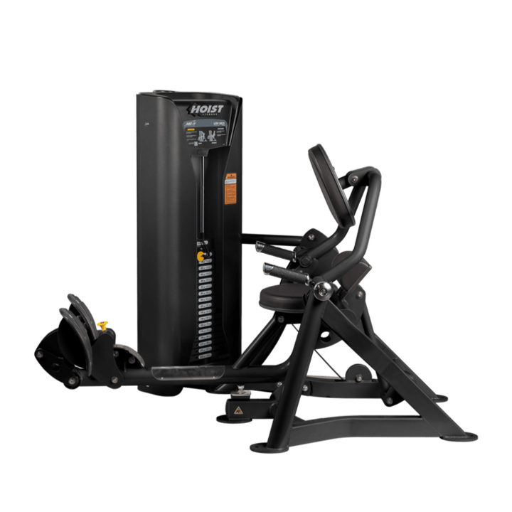 Hoist commercial seated mid row machine with chest support, adjustable seat, and selectorized weight stack for back workouts