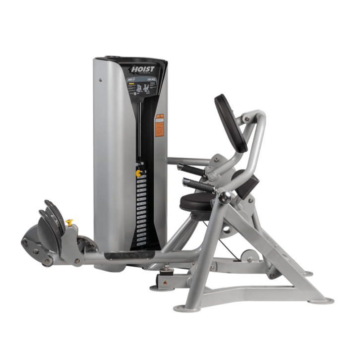 Hoist commercial seated mid row machine with chest support, adjustable seat, and selectorized weight stack for back workouts