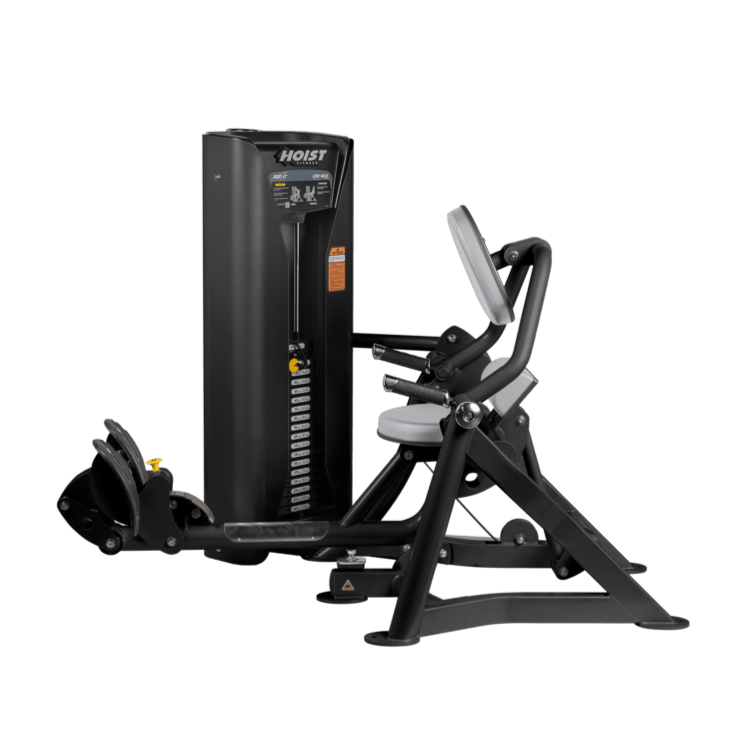 Hoist commercial seated mid row machine with chest support, adjustable seat, and selectorized weight stack for back workouts