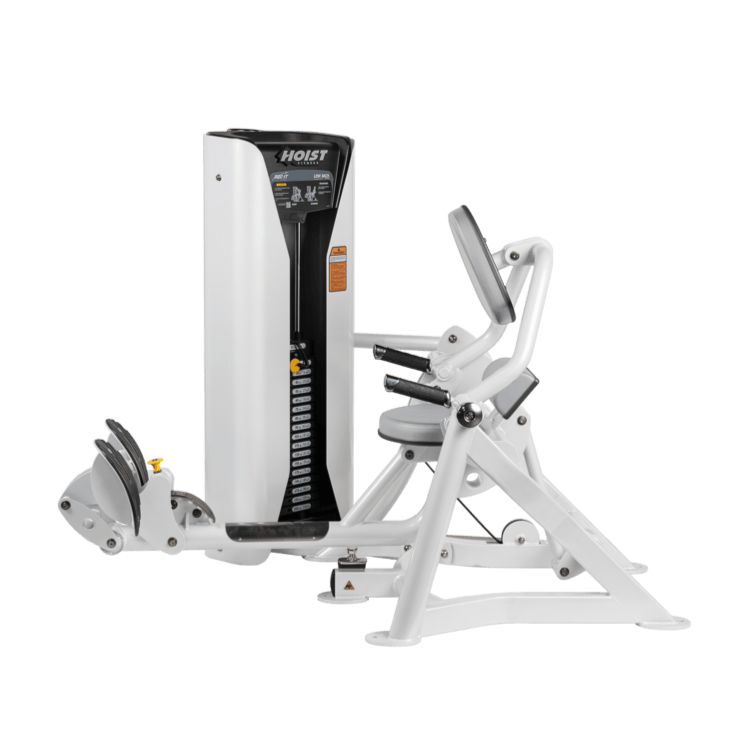 Hoist commercial seated mid row machine with chest support, adjustable seat, and selectorized weight stack for back workouts