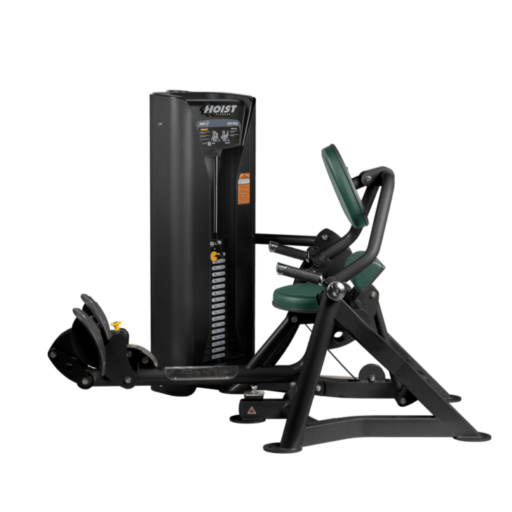 Hoist commercial seated mid row machine with chest support, adjustable seat, and selectorized weight stack for back workouts