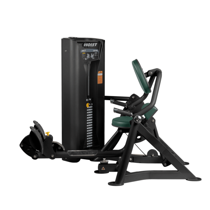 Hoist commercial seated mid row machine with chest support, adjustable seat, and selectorized weight stack for back workouts