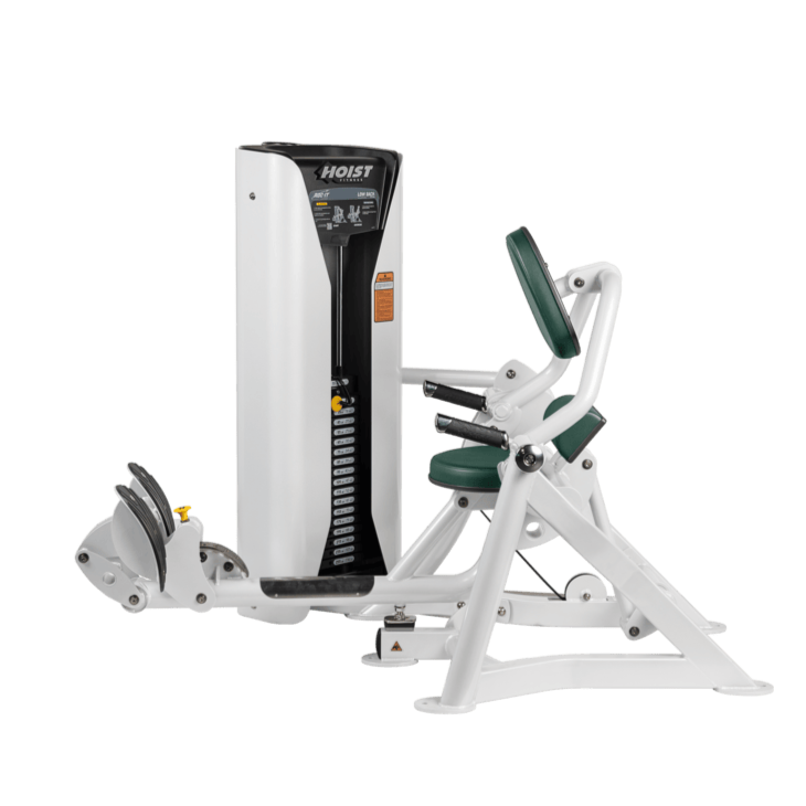 Hoist commercial seated mid row machine with chest support, adjustable seat, and selectorized weight stack for back workouts