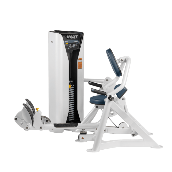 Hoist commercial seated mid row machine with chest support, adjustable seat, and selectorized weight stack for back workouts