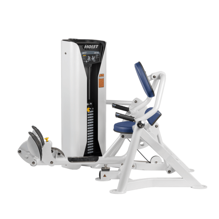 Hoist commercial seated mid row machine with chest support, adjustable seat, and selectorized weight stack for back workouts