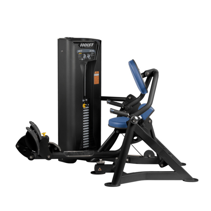 Hoist commercial seated mid row machine with chest support, adjustable seat, and selectorized weight stack for back workouts