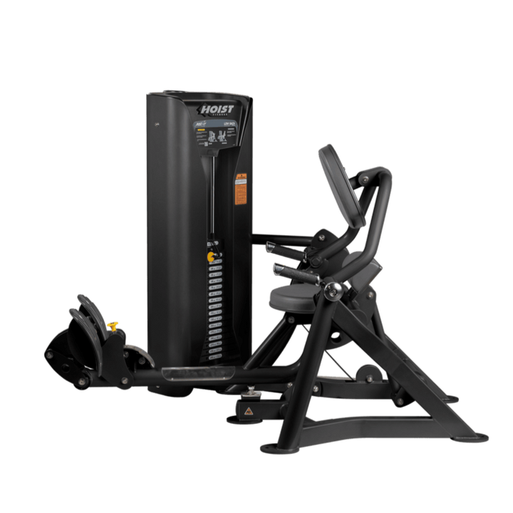 Hoist commercial seated mid row machine with chest support, adjustable seat, and selectorized weight stack for back workouts