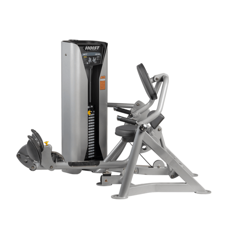 Hoist commercial seated mid row machine with chest support, adjustable seat, and selectorized weight stack for back workouts