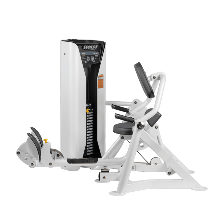 Hoist commercial seated mid row machine with chest support, adjustable seat, and selectorized weight stack for back workouts