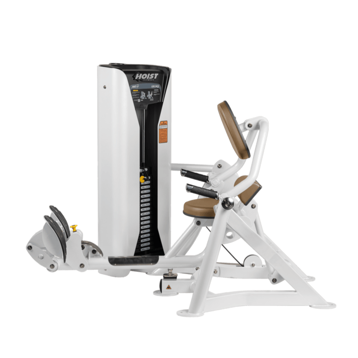 Hoist commercial seated mid row machine with chest support, adjustable seat, and selectorized weight stack for back workouts