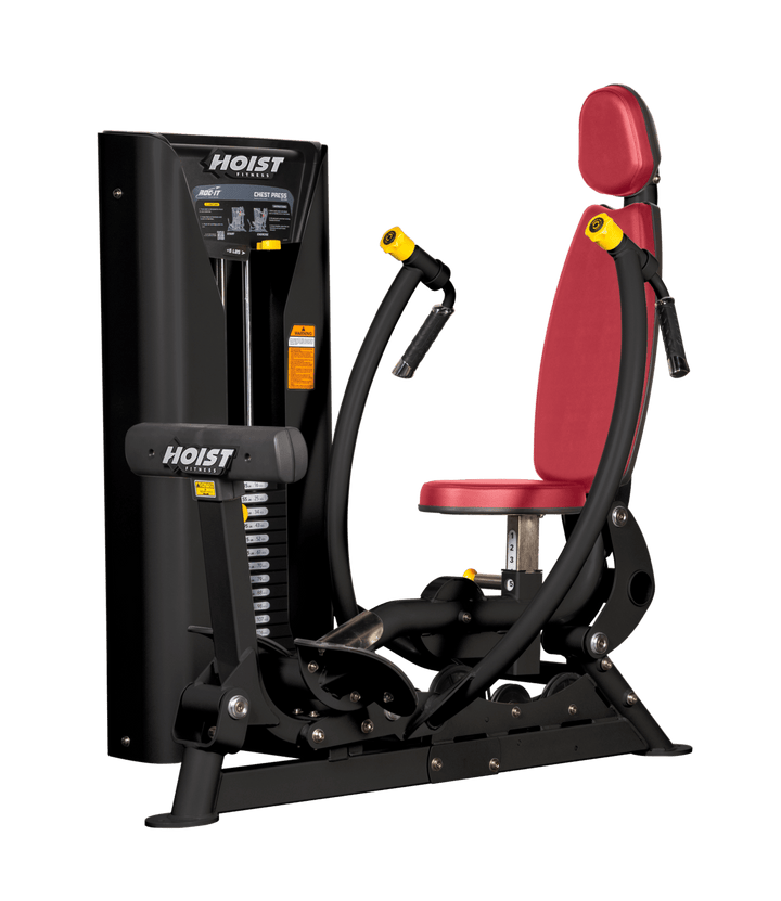 Hoist commercial chest press machine with adjustable seat, backrest, and converging press arms for chest training