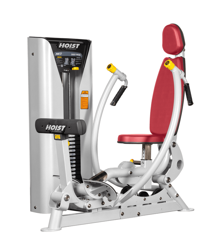 Hoist commercial chest press machine with adjustable seat, backrest, and converging press arms for chest training