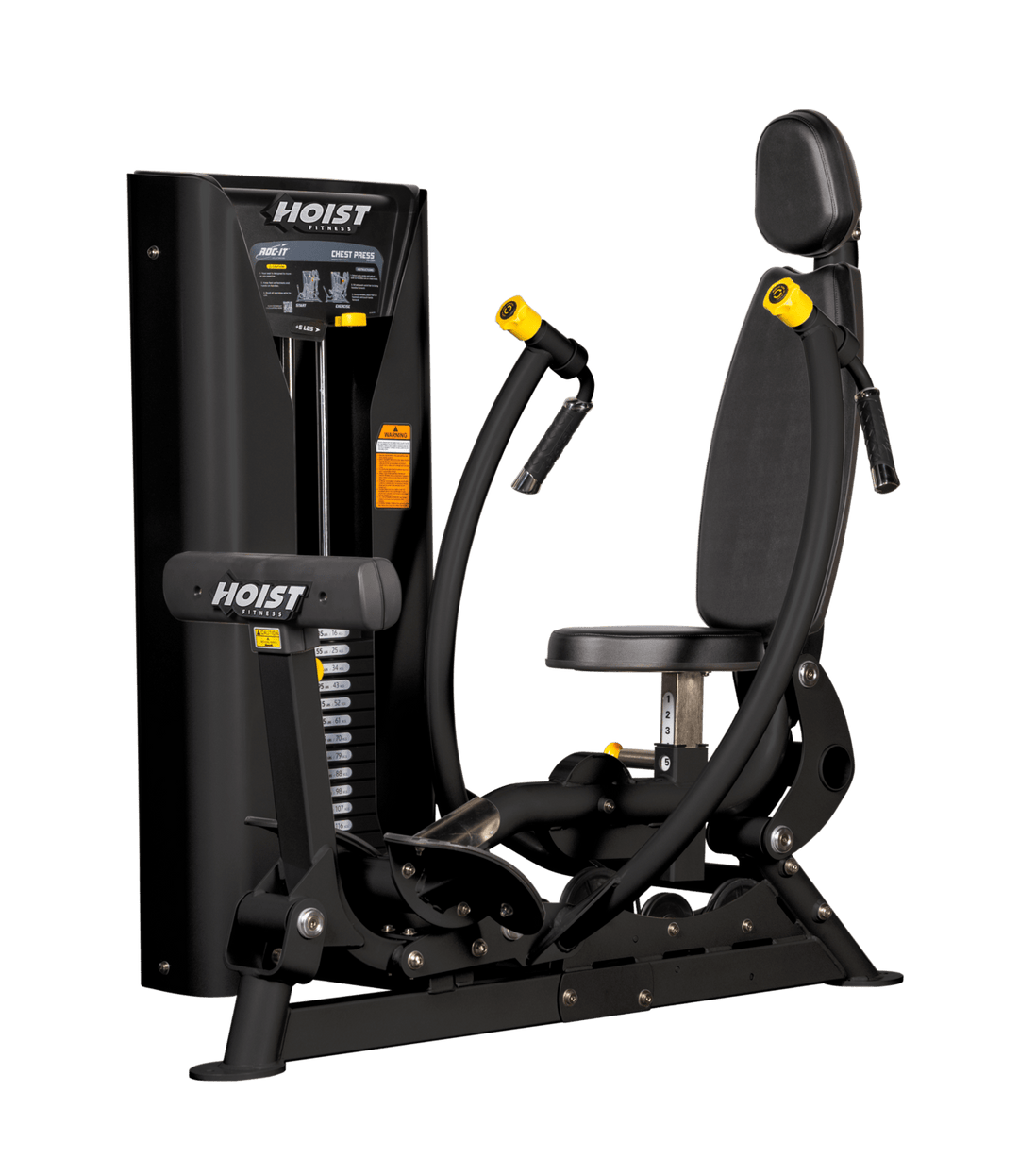 Hoist commercial chest press machine with adjustable seat, backrest, and converging press arms for chest training