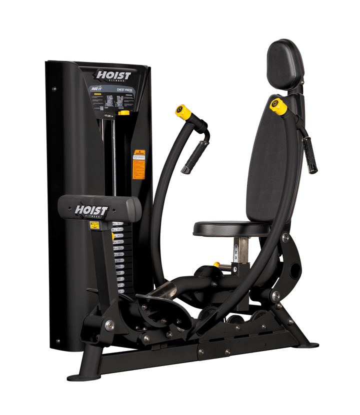 Hoist commercial chest press machine with adjustable seat, backrest, and converging press arms for chest training