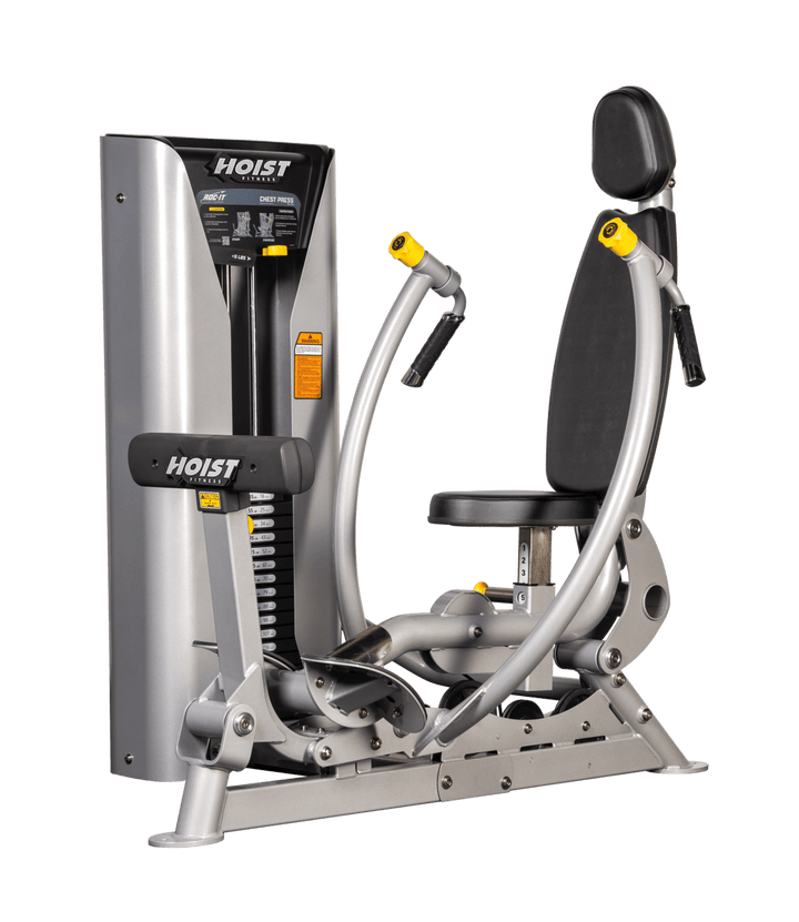 Hoist commercial chest press machine with adjustable seat, backrest, and converging press arms for chest training
