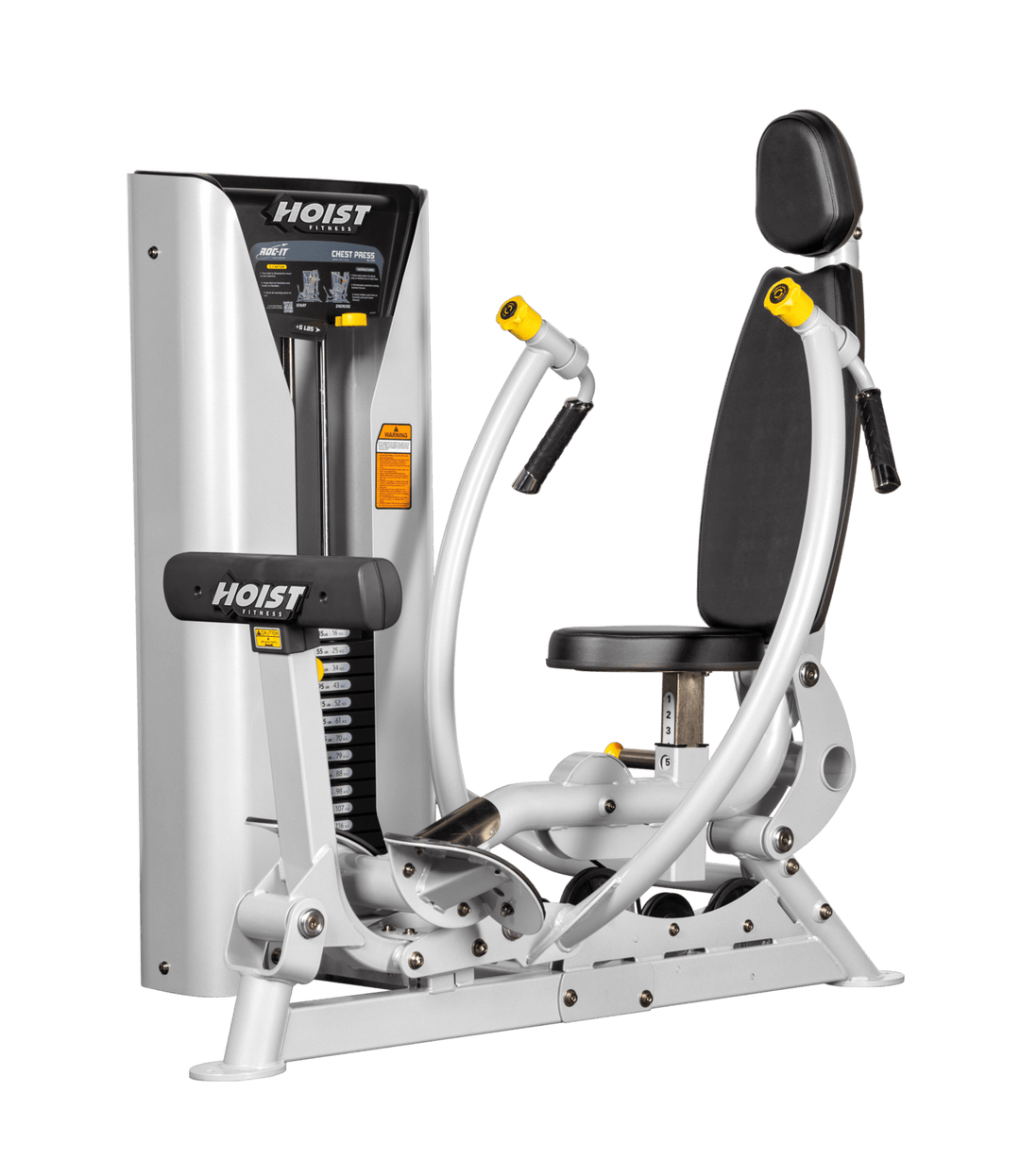 Hoist commercial chest press machine with adjustable seat, backrest, and converging press arms for chest training