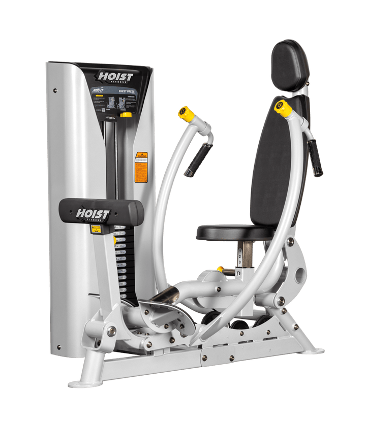 Hoist commercial chest press machine with adjustable seat, backrest, and converging press arms for chest training