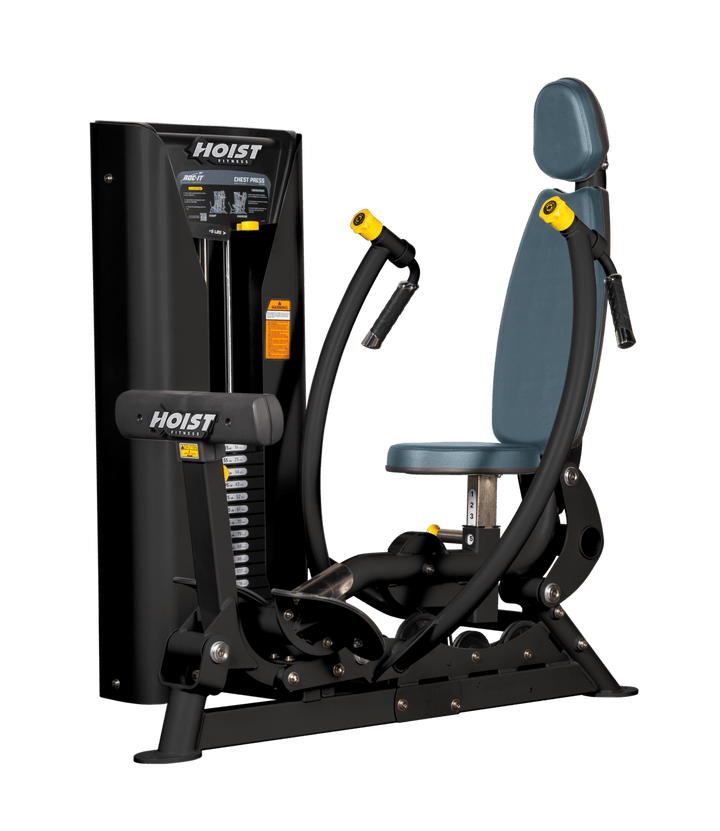 Hoist commercial chest press machine with adjustable seat, backrest, and converging press arms for chest training