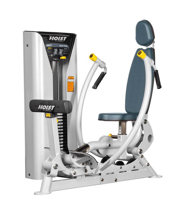 Hoist commercial chest press machine with adjustable seat, backrest, and converging press arms for chest training