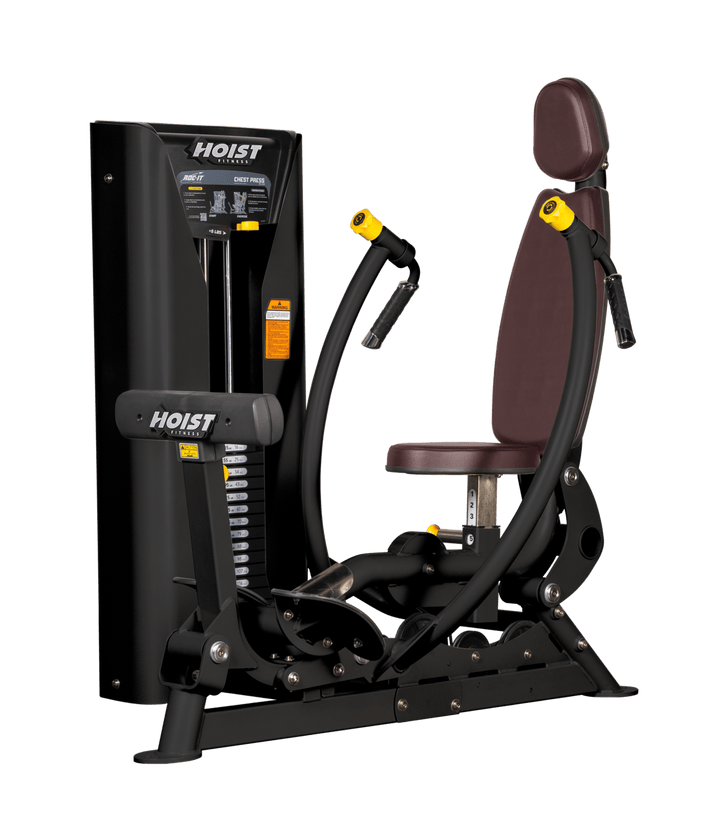 Hoist commercial chest press machine with adjustable seat, backrest, and converging press arms for chest training