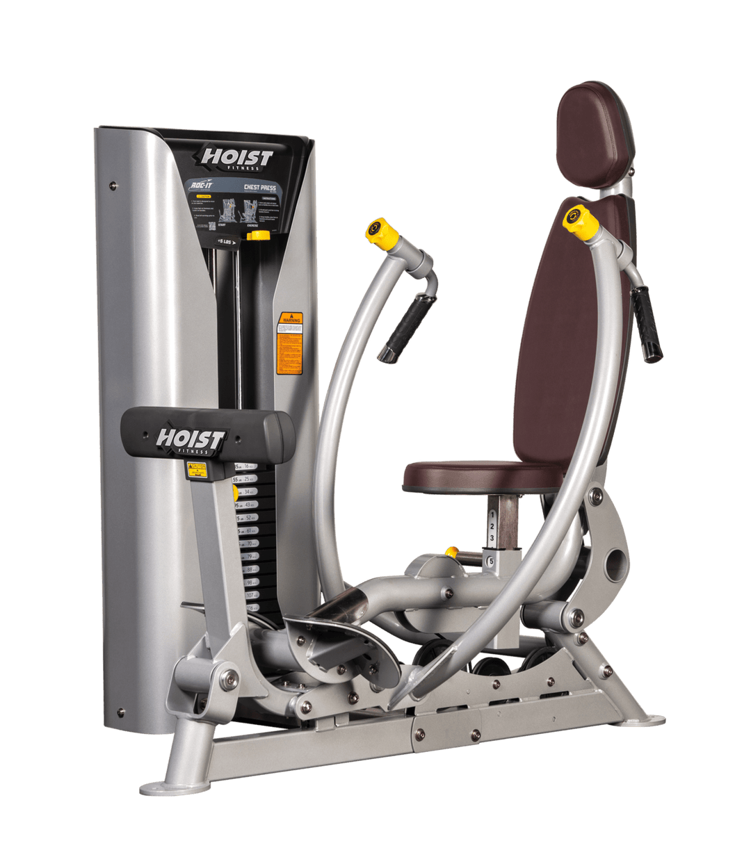 Hoist commercial chest press machine with adjustable seat, backrest, and converging press arms for chest training