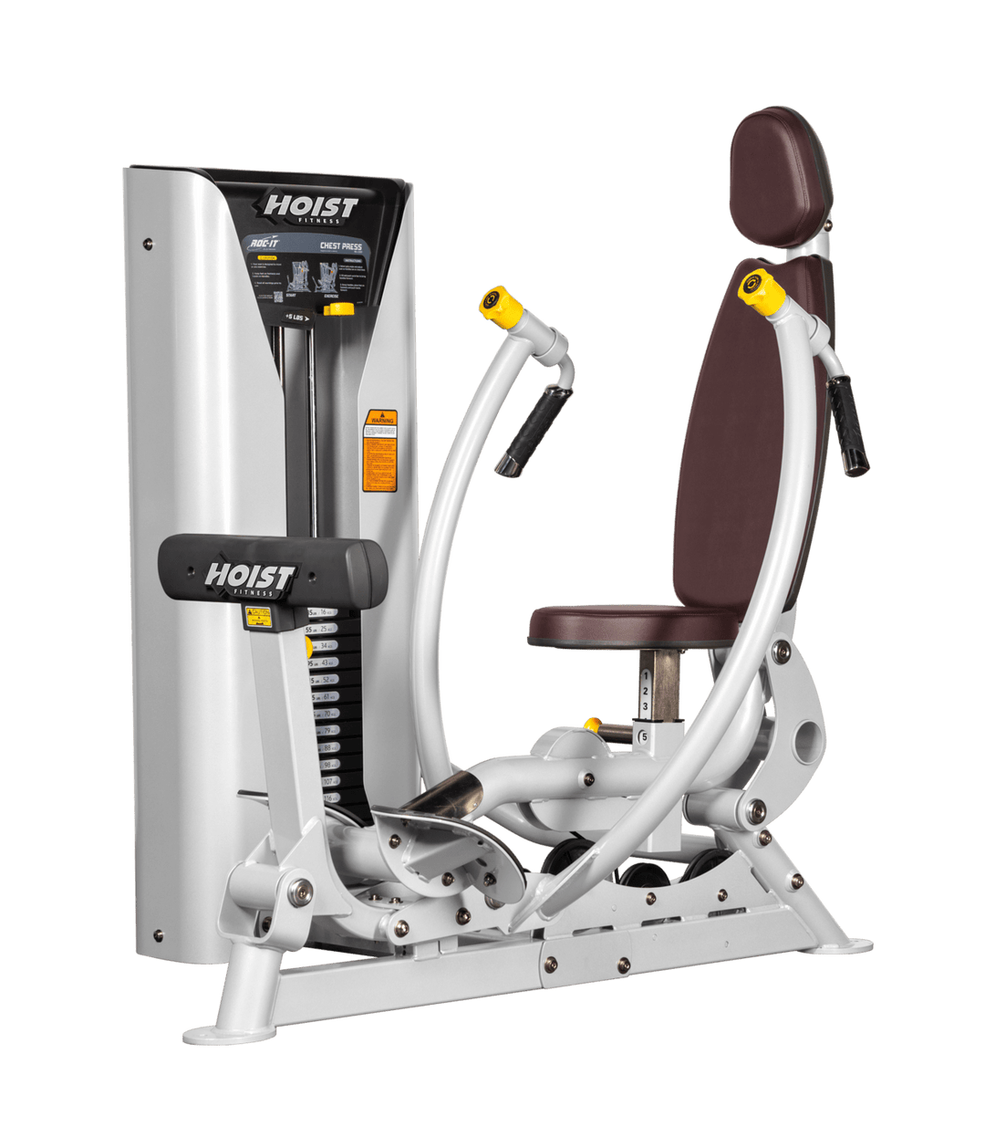 Hoist commercial chest press machine with adjustable seat, backrest, and converging press arms for chest training