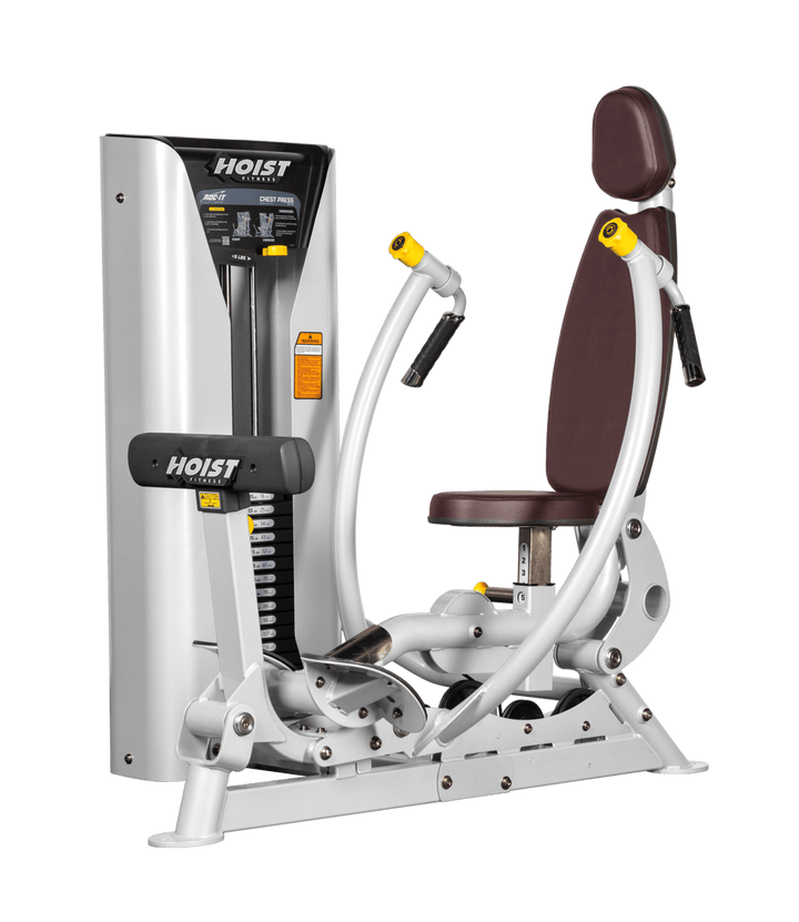 Hoist commercial chest press machine with adjustable seat, backrest, and converging press arms for chest training