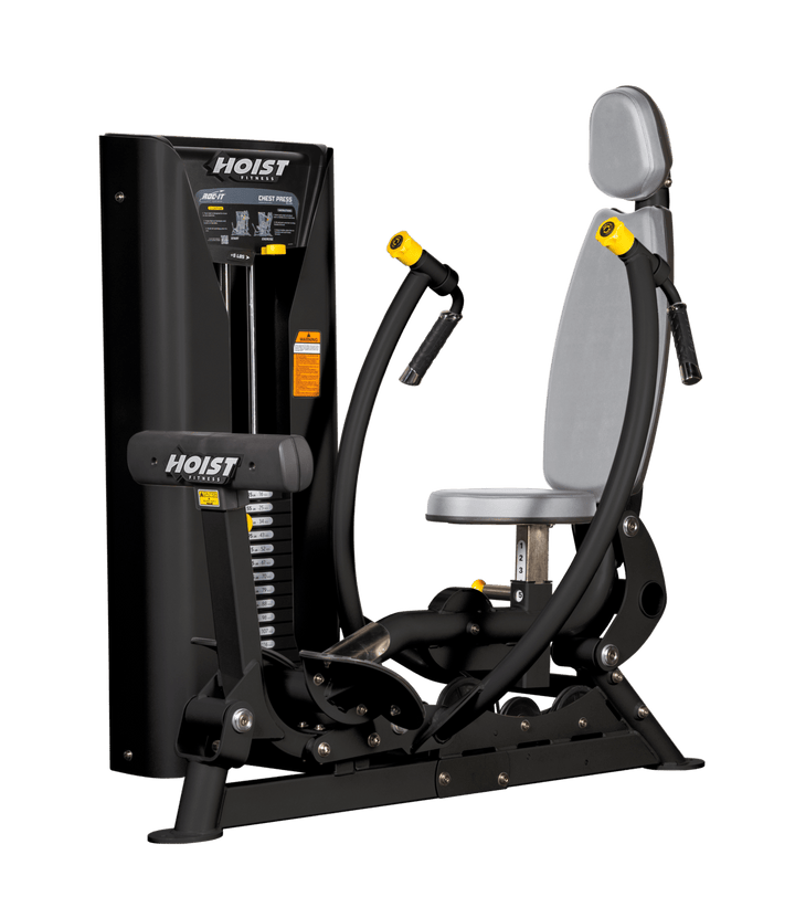 Hoist commercial chest press machine with adjustable seat, backrest, and converging press arms for chest training