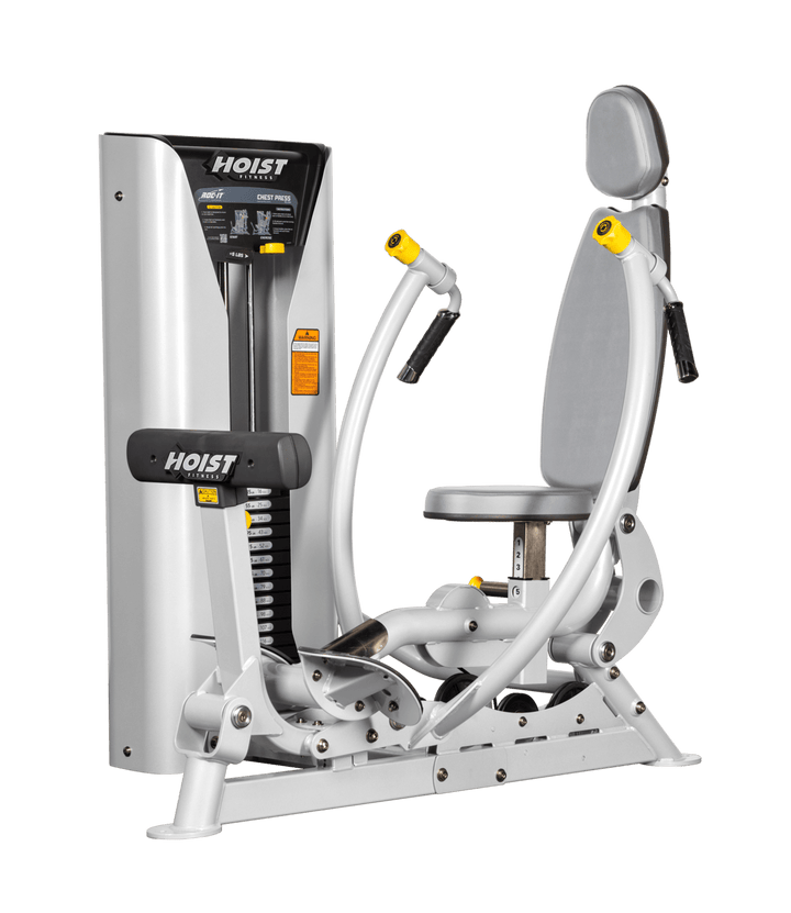 Hoist commercial chest press machine with adjustable seat, backrest, and converging press arms for chest training