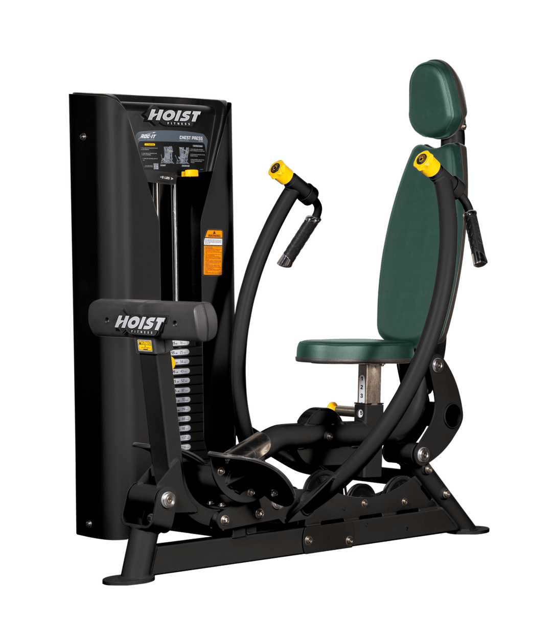 Hoist commercial chest press machine with adjustable seat, backrest, and converging press arms for chest training