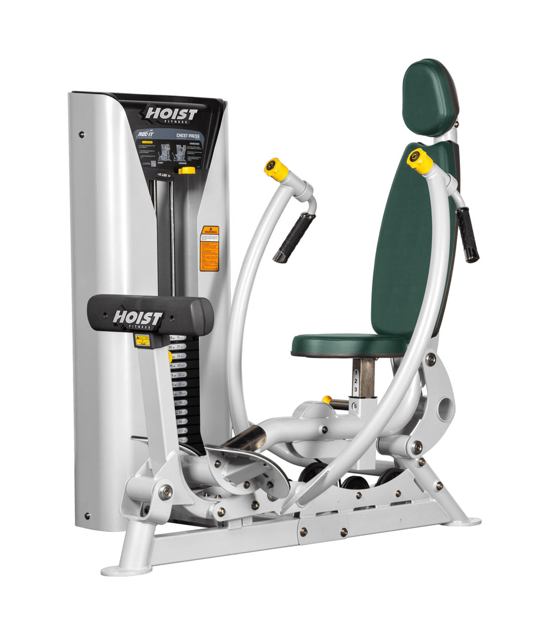 Hoist commercial chest press machine with adjustable seat, backrest, and converging press arms for chest training