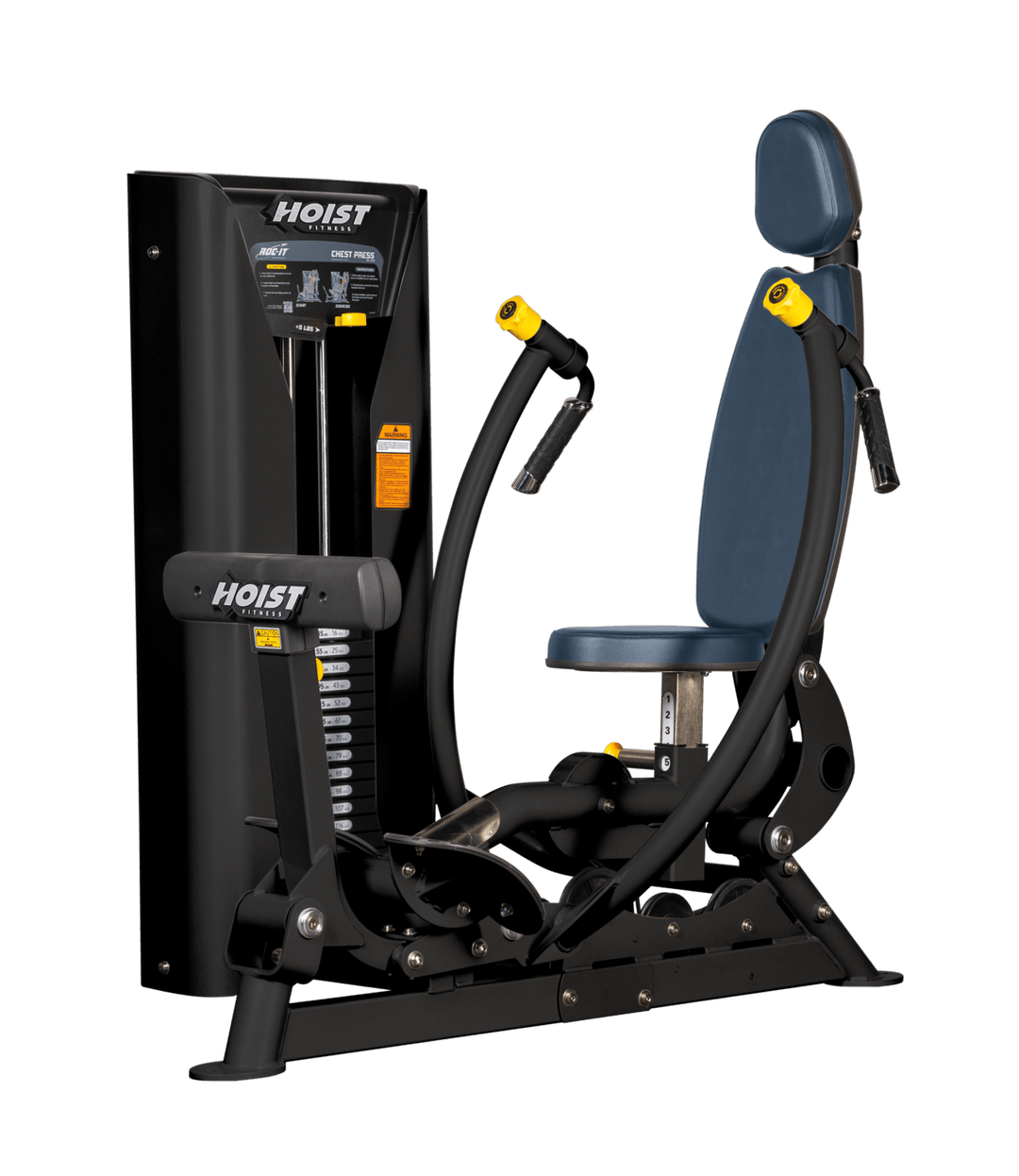 Hoist commercial chest press machine with adjustable seat, backrest, and converging press arms for chest training