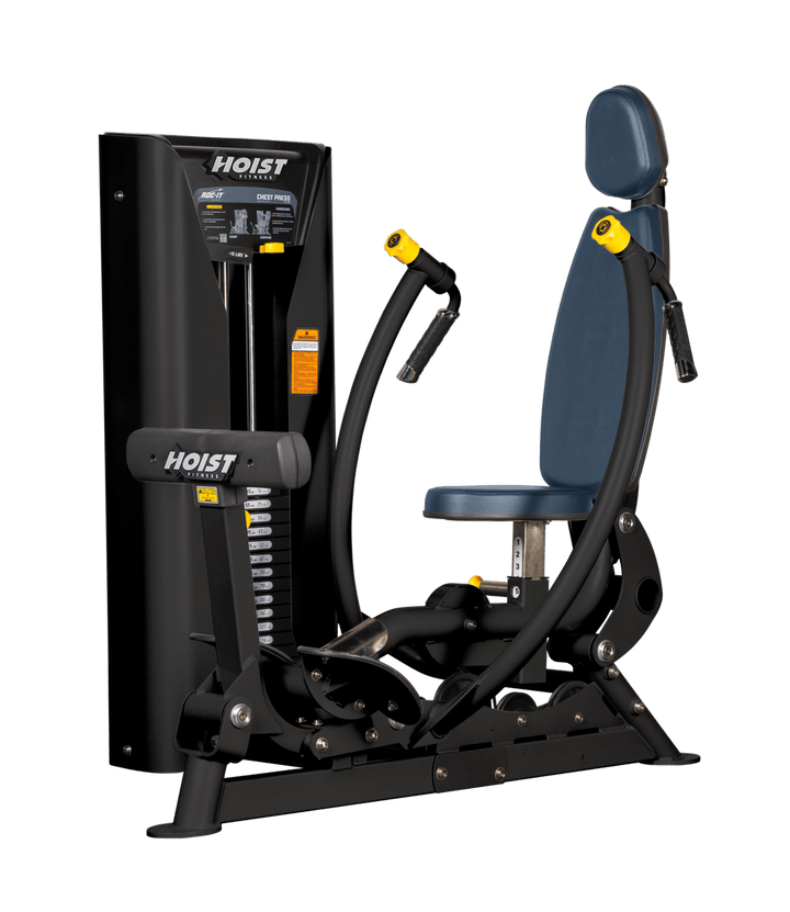 Hoist commercial chest press machine with adjustable seat, backrest, and converging press arms for chest training