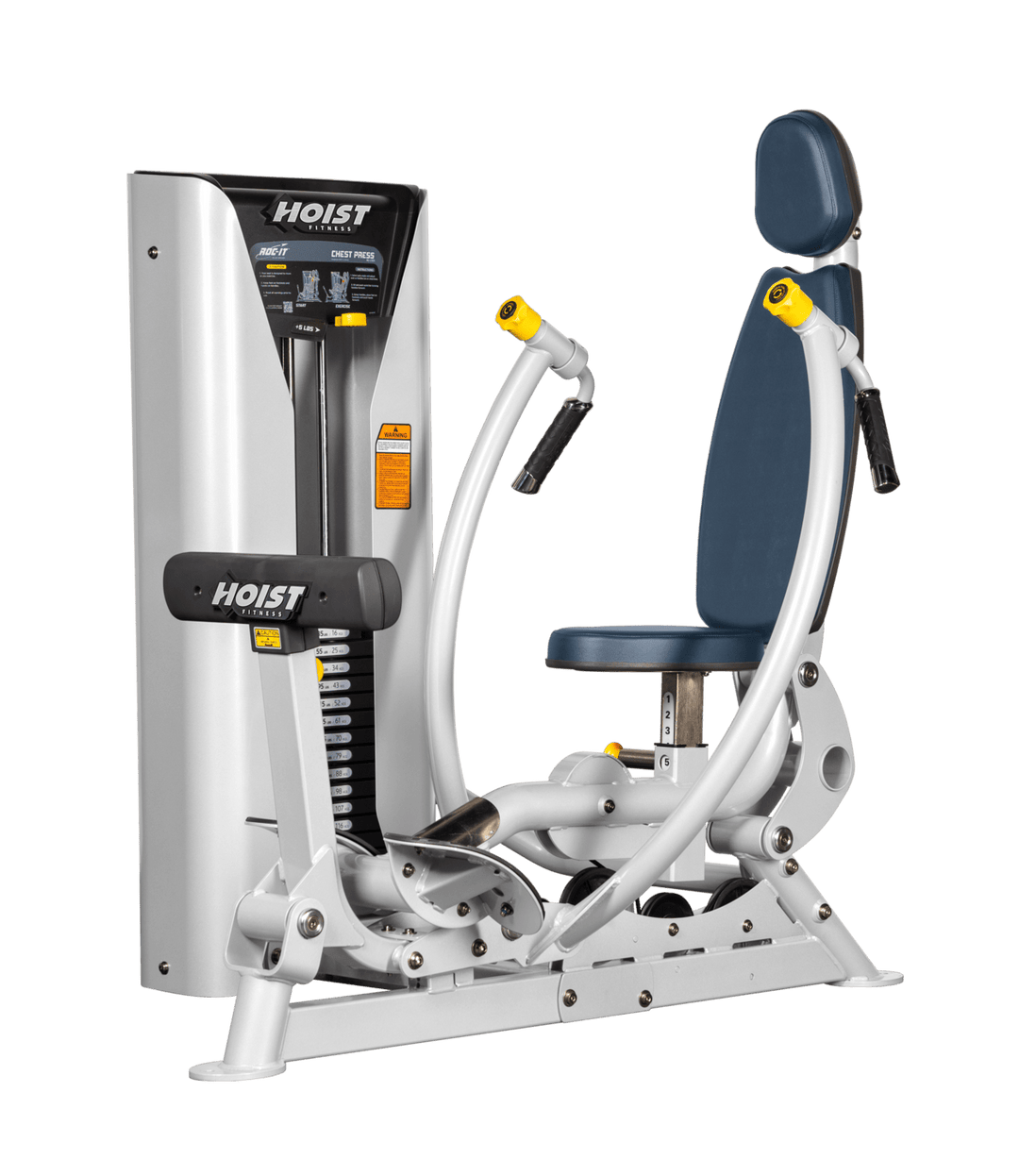 Hoist commercial chest press machine with adjustable seat, backrest, and converging press arms for chest training