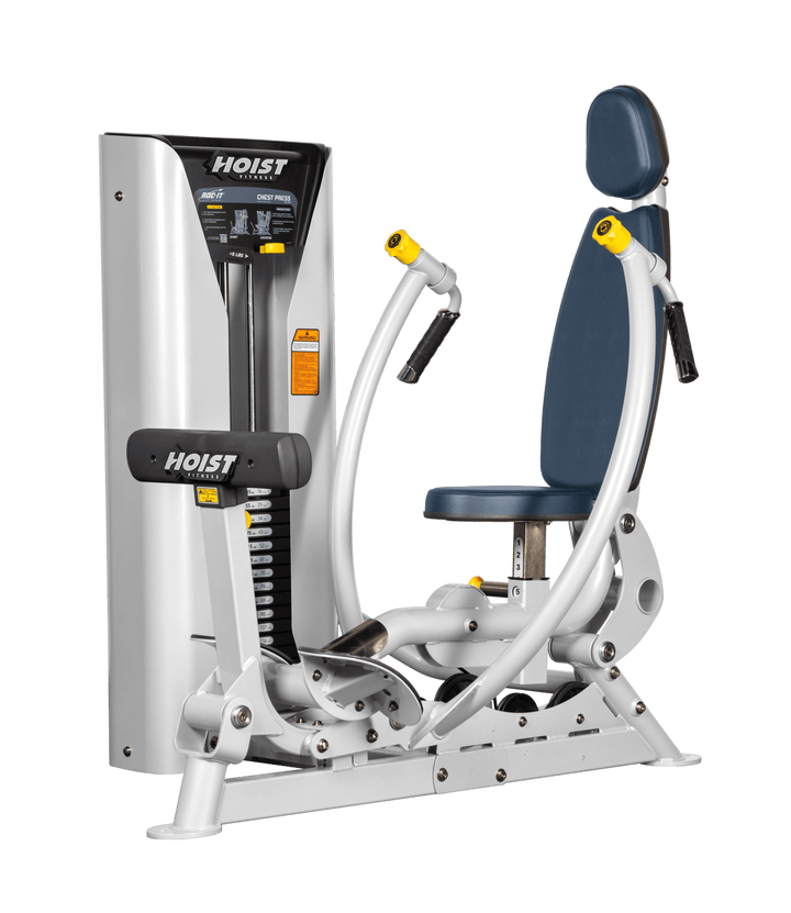 Hoist commercial chest press machine with adjustable seat, backrest, and converging press arms for chest training